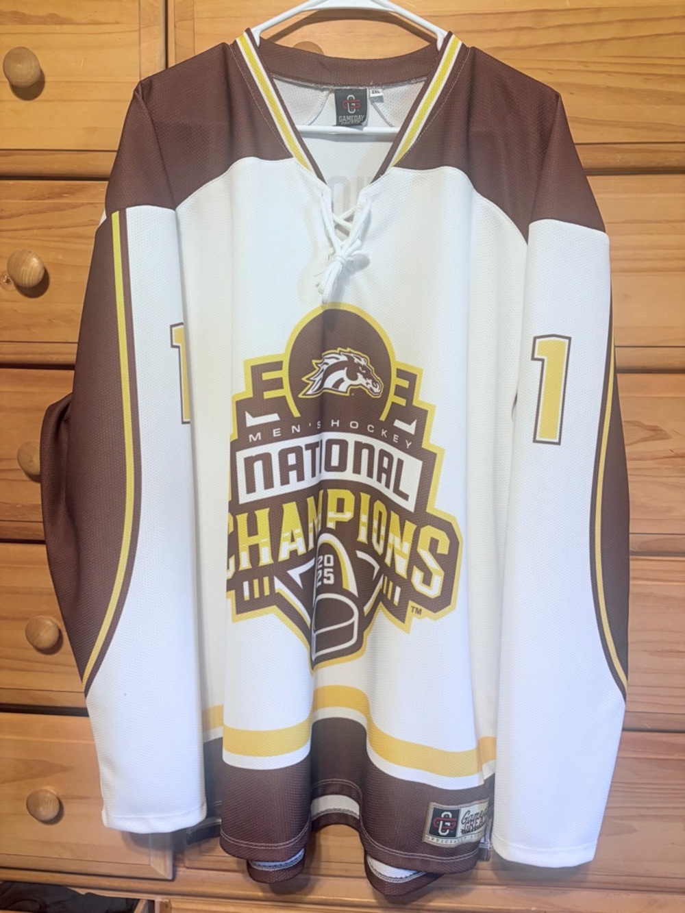 Men's western Michigan Hockey National Champions Jersey - White & Brown